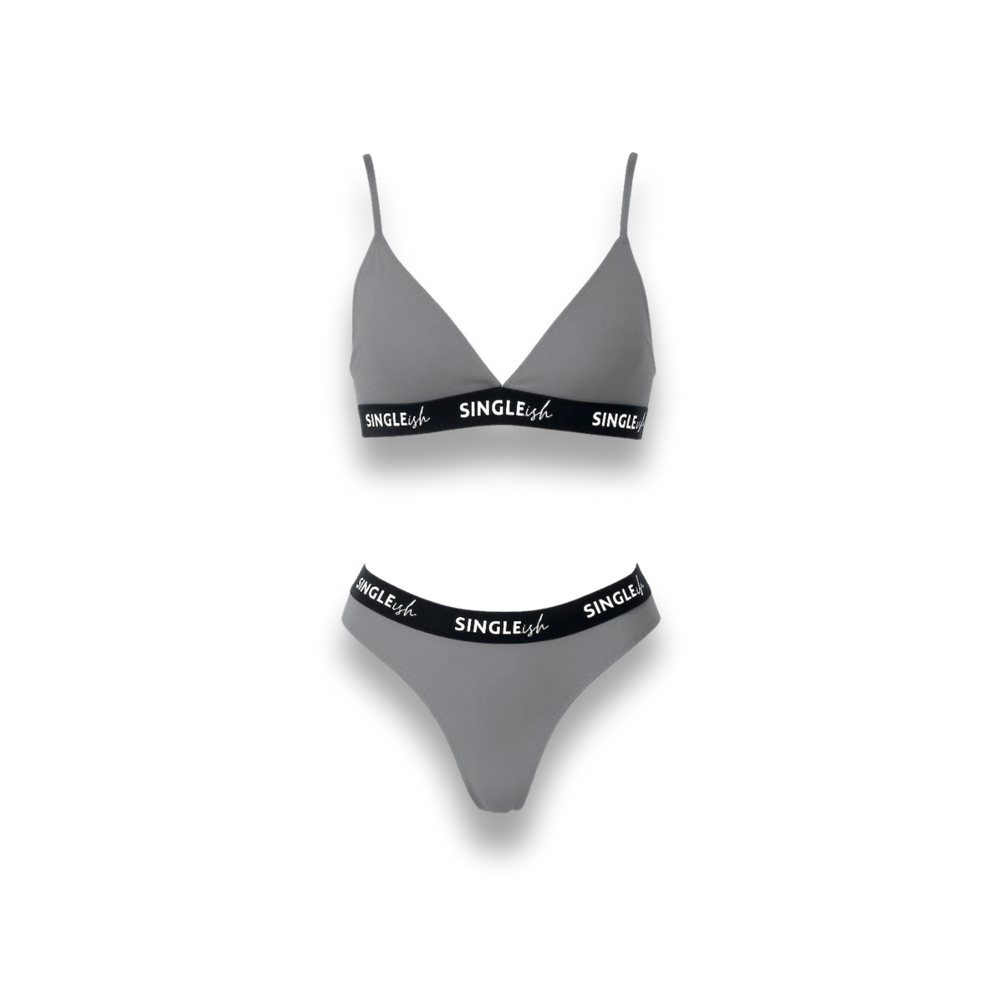 The Lauren Set by SINGLEish… grey triangle bra and thong lingerie set with black logo elastic waistband