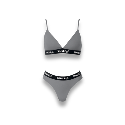 The Lauren Set by SINGLEish… grey triangle bra and thong lingerie set with black logo elastic waistband