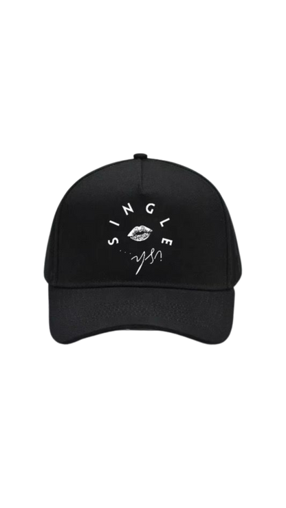 Black cotton baseball cap with white SINGLEish logo, curved text, lips emblem, and adjustable fit