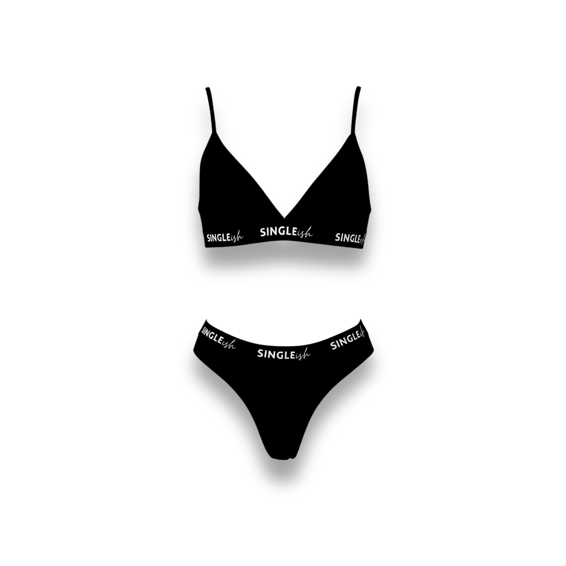 The Lauren Set by SINGLEish… black triangle bra and thong lingerie set with black logo elastic waistband