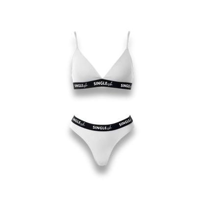 The Lauren Set by SINGLEish… white triangle bra and thong lingerie set with black logo elastic waistband