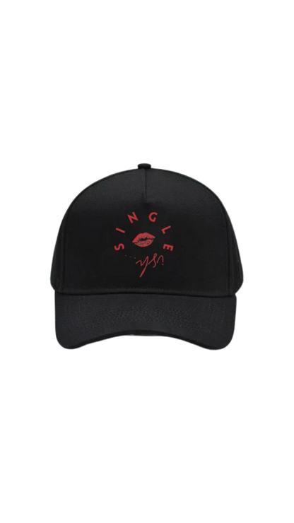 Black cotton baseball cap with red SINGLEish logo, curved text, lips emblem, and adjustable fit