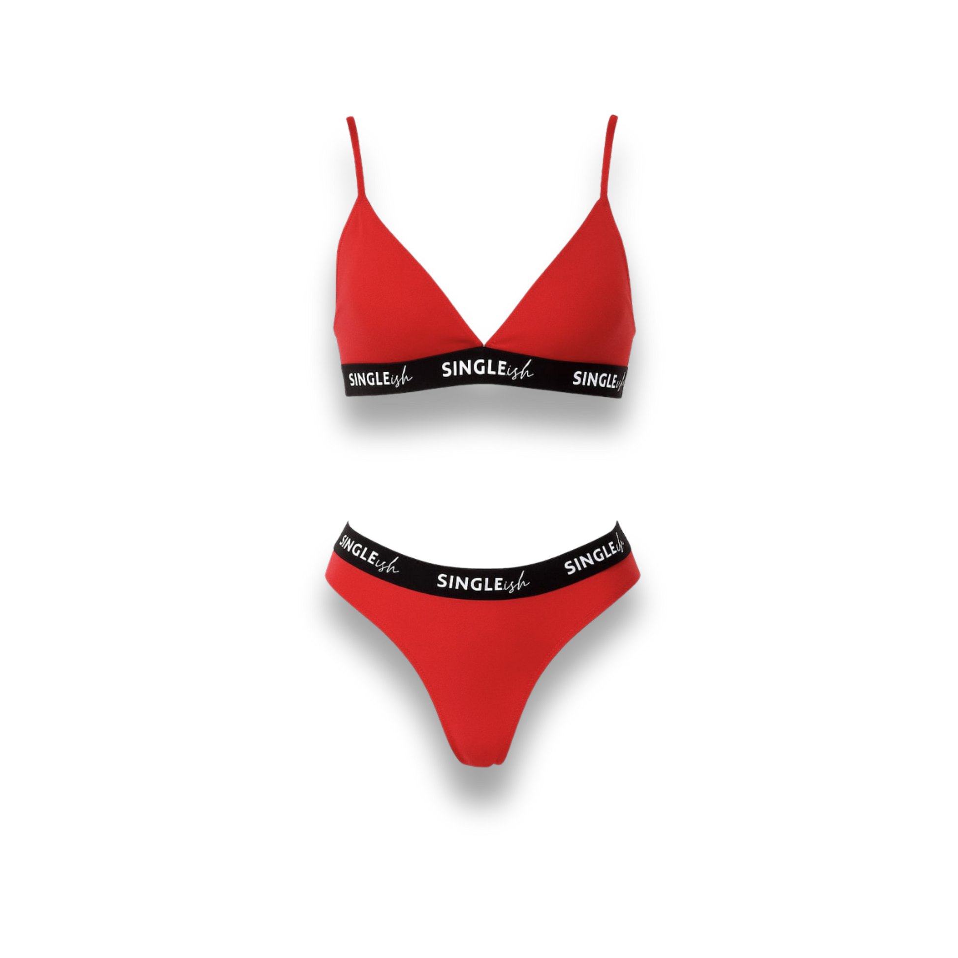 The Lauren Set by SINGLEish… red triangle bra and thong lingerie set with black logo elastic waistband